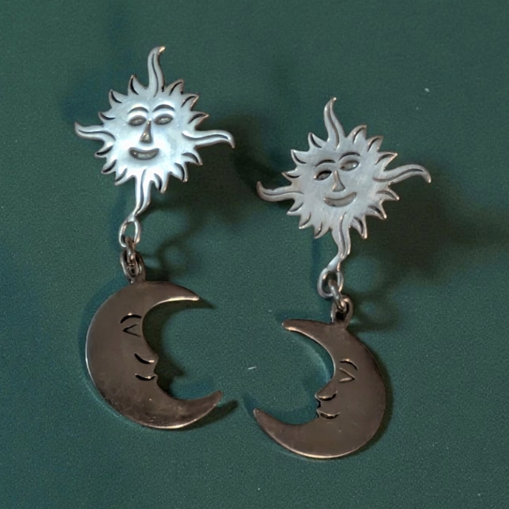 Vintage Sterling Silver Celestial Sun & Moon Dangle Earrings, Whimsigo